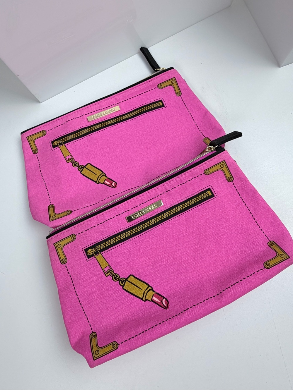 Estée Lauder Pink Makeup Bag Cosmetic Pouch Lipstick Print Set of 2